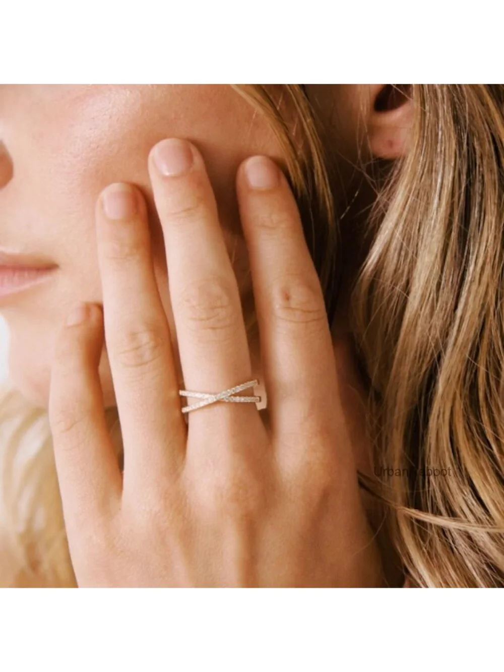 14K Gold Plated Criss Cross Ring with Cubic Zirconia CZ X Ring for Women